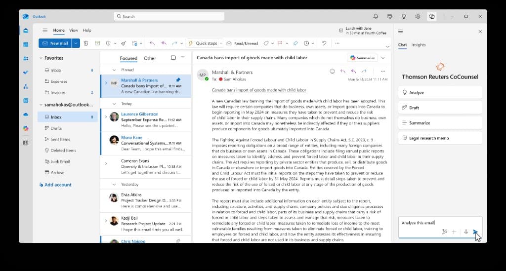 CoCounsel opens as a side panel next to the email. Four quick actions — Analyze, Draft, Summarize, Legal research memo — plus a freeform prompt box.